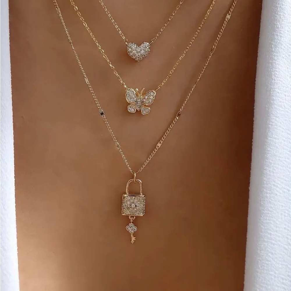 3 Layered Elegant Gold Butterfly and Lock Necklace Set